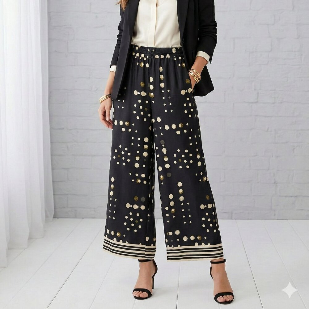 Next Palazzo Pants Black Polka Dot Wide Leg Indie Boho Satin 8 TALL